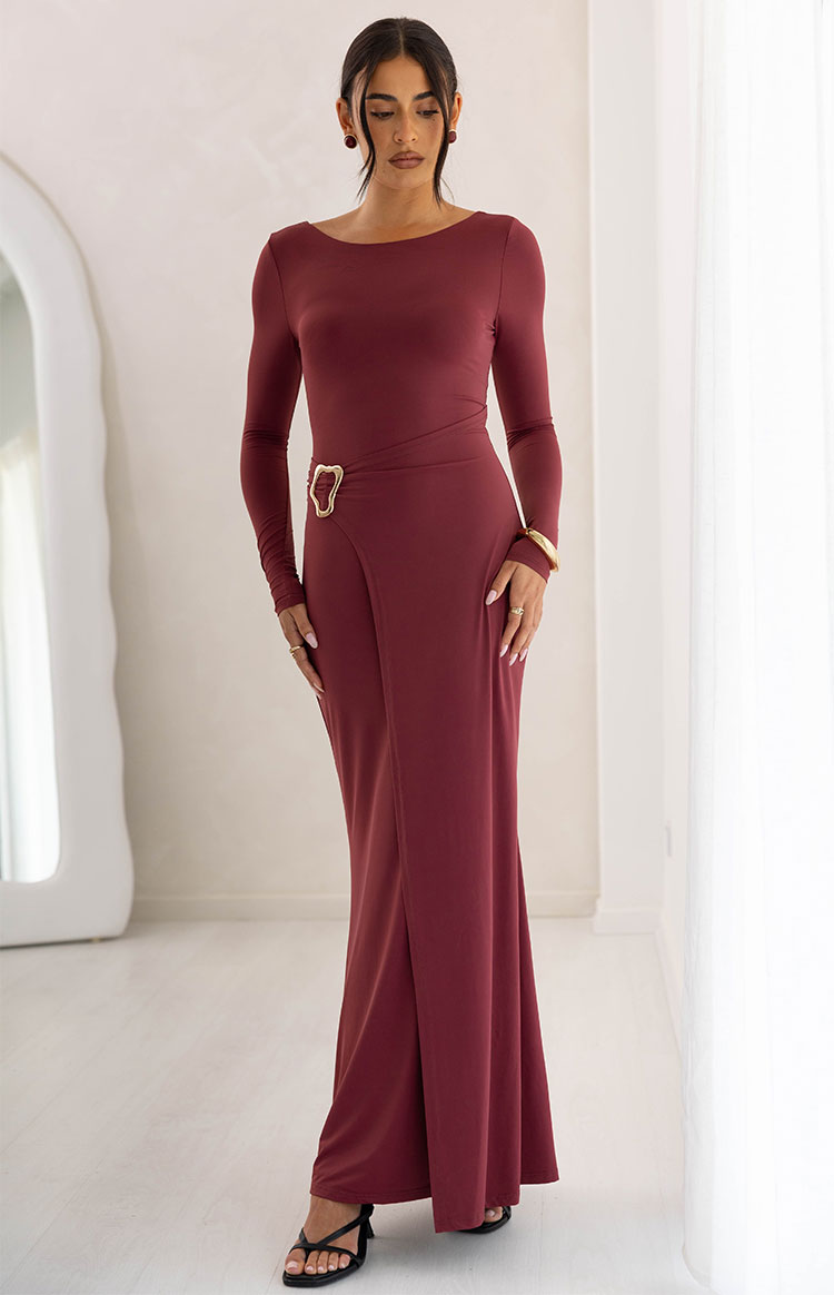 Misaki Burgundy Long Sleeve Wrap Maxi Dress