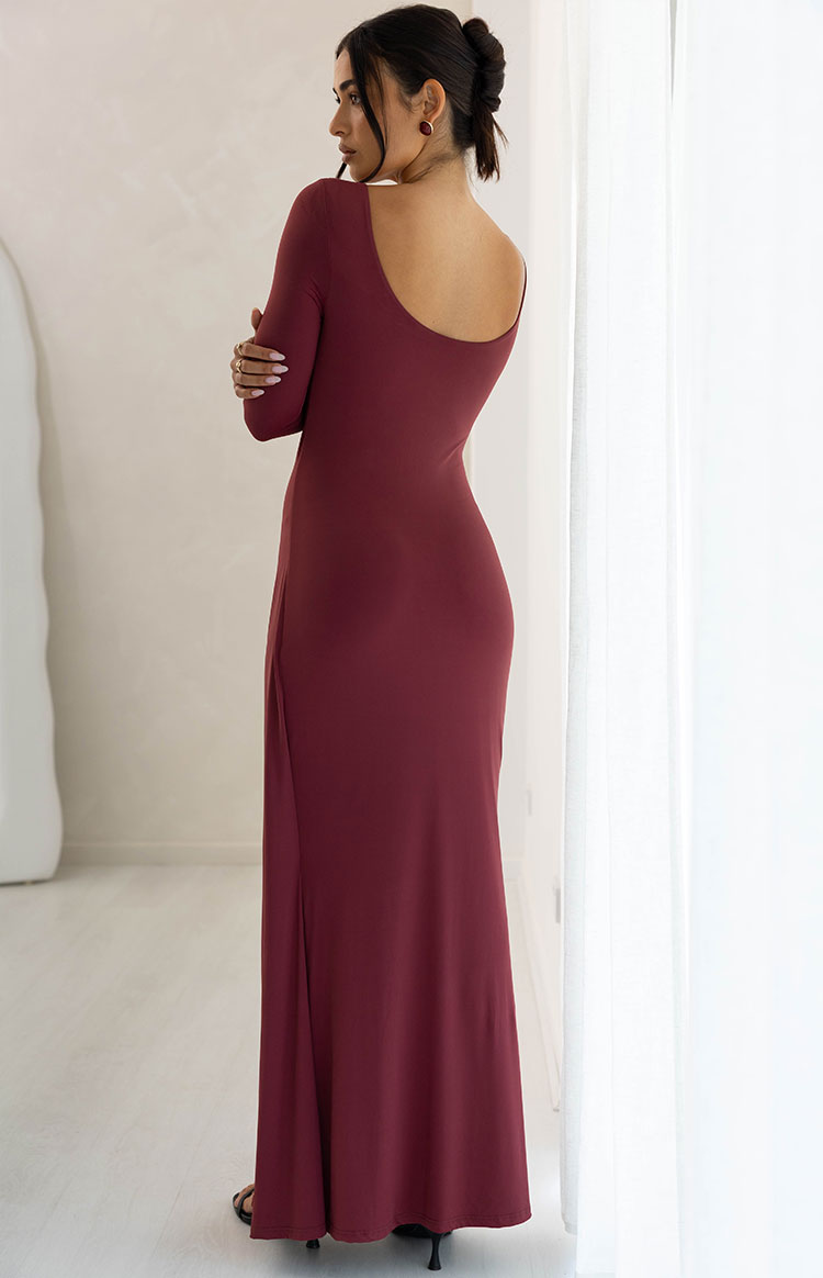 Misaki Burgundy Long Sleeve Wrap Maxi Dress