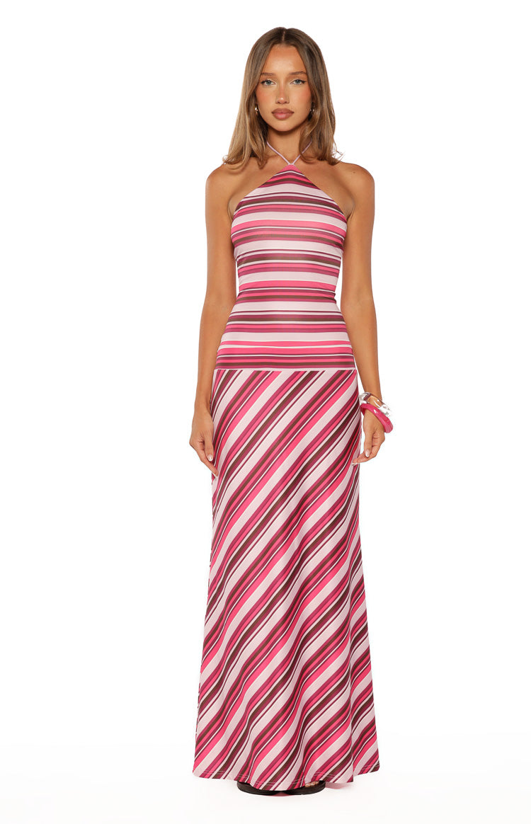 Nicoby Pink Multi Stripe Halter Maxi Dress