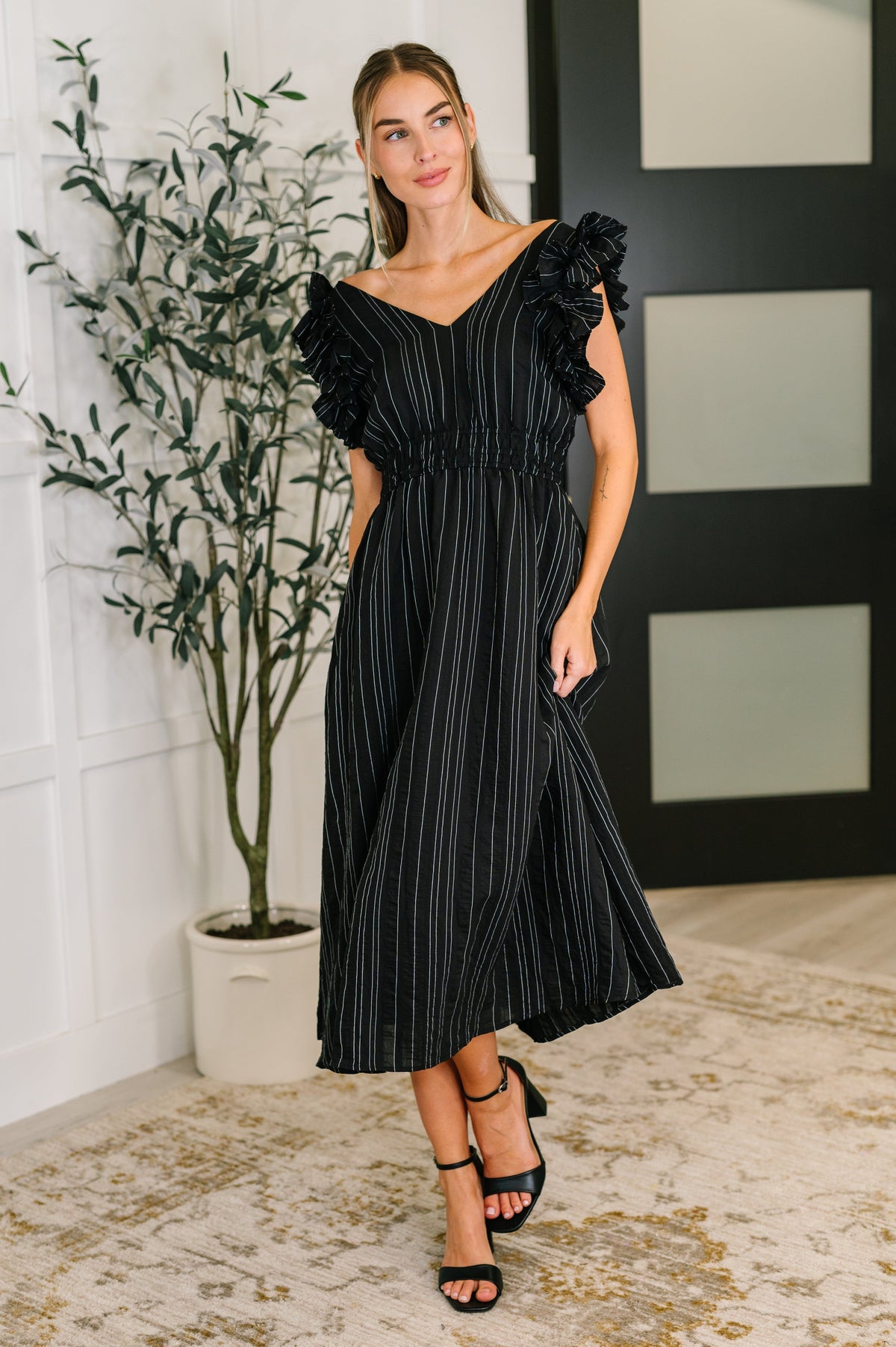 Pinstripe Romance V-Neck Ruffle Sleeve Dress in Black