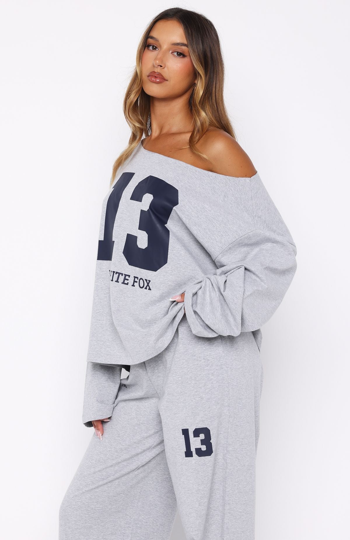 Only One Left Off Shoulder Oversized Long Sleeve Tee Grey Marle
