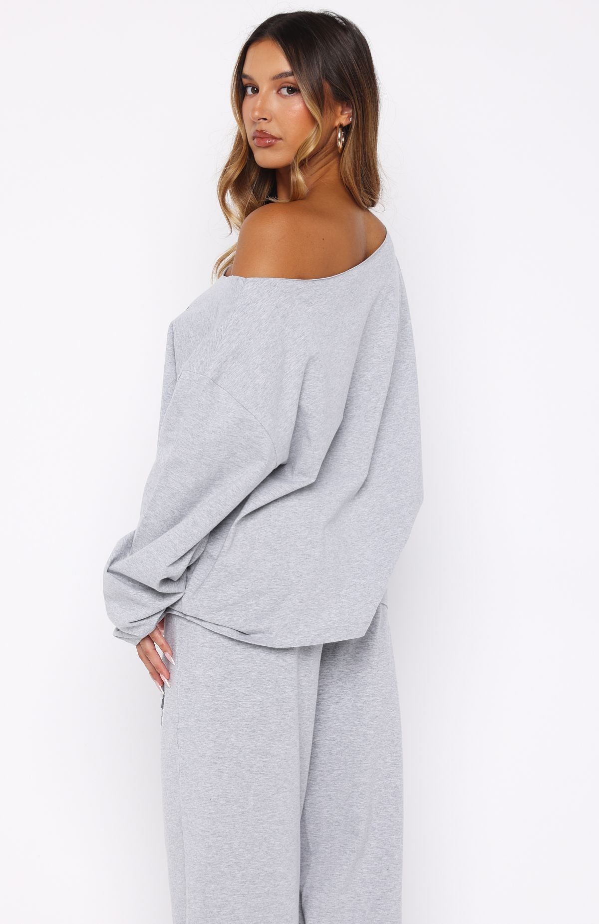 Only One Left Off Shoulder Oversized Long Sleeve Tee Grey Marle