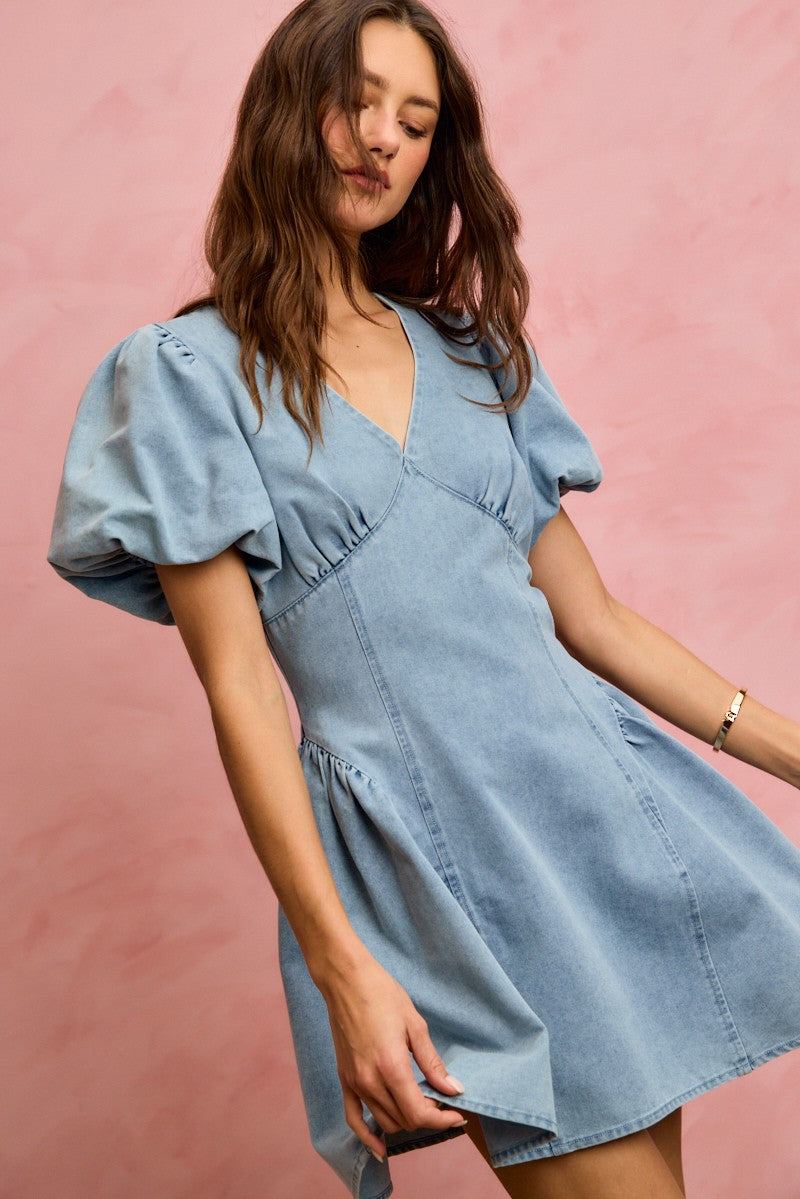 SO ME Bubble Sleeves Denim Fit And Flare Mini Dress