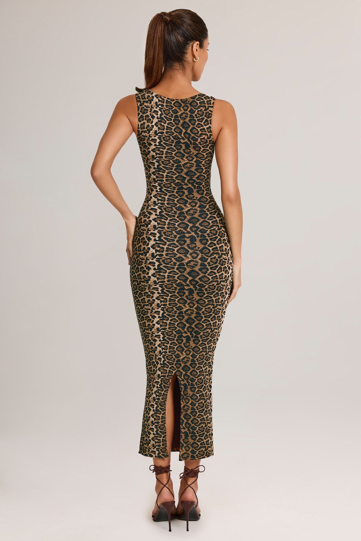 Modal Square-Neck Bodycon Midi Dress in Leopard Print