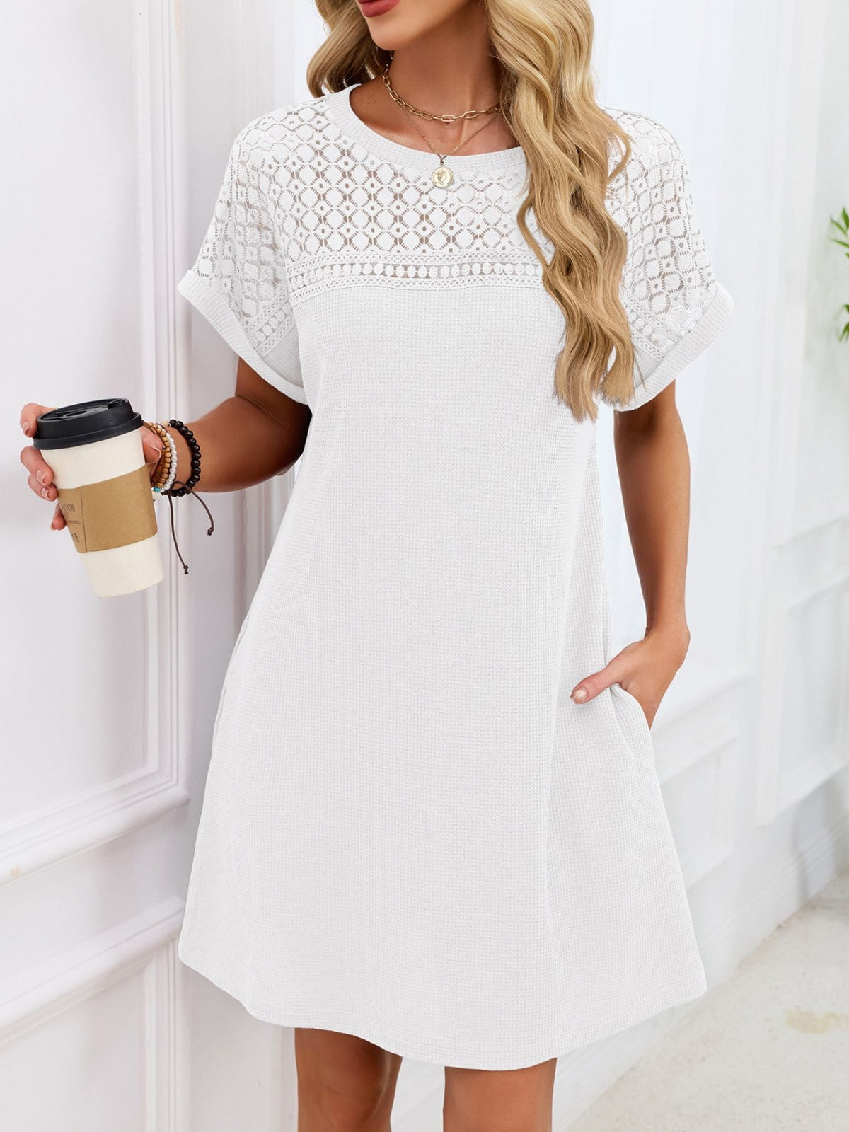 Lace Round Neck Short Sleeve T-Shirt Dress