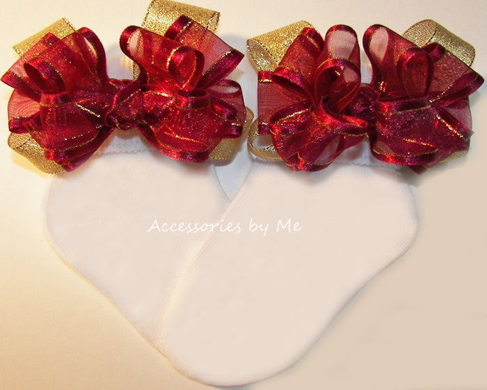 Burgundy Wine Gold Organza Metallic Bow Socks