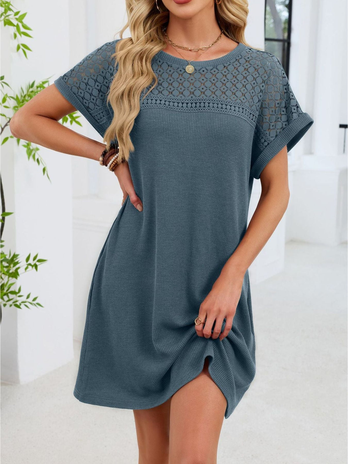 Lace Round Neck Short Sleeve T-Shirt Dress