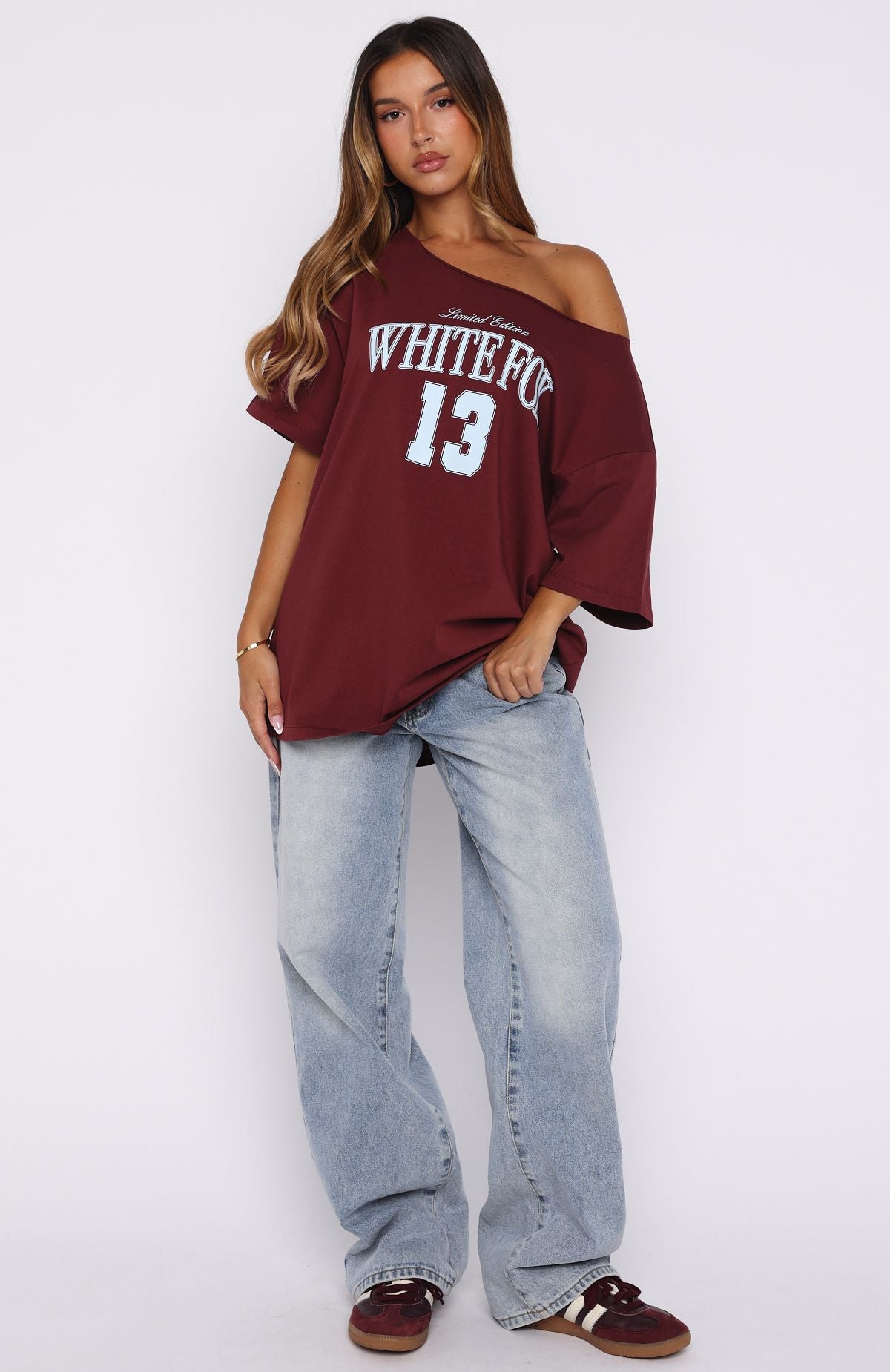 Everything In Time Off Shoulder Oversized Tee Burgundy