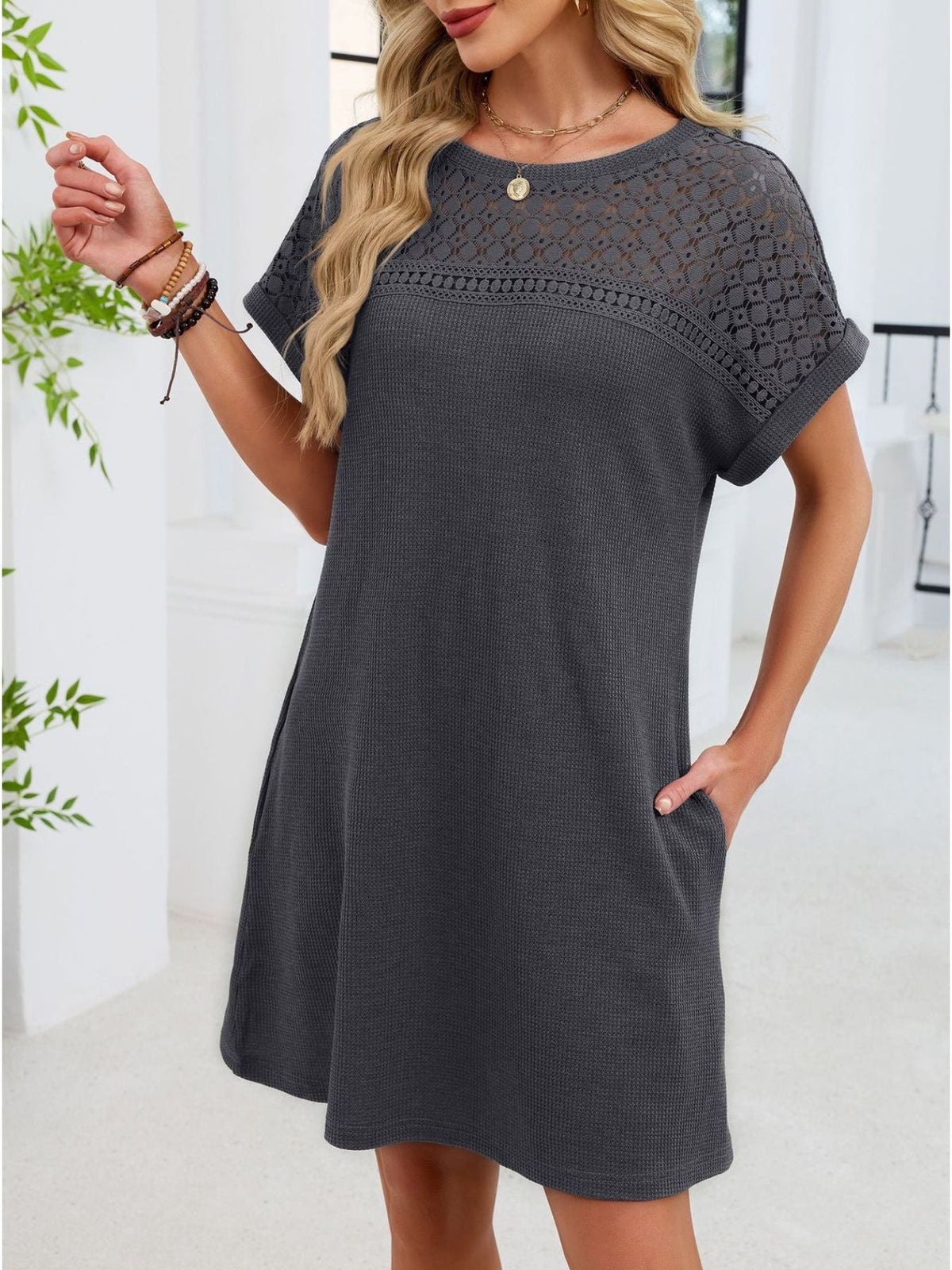 Lace Round Neck Short Sleeve T-Shirt Dress