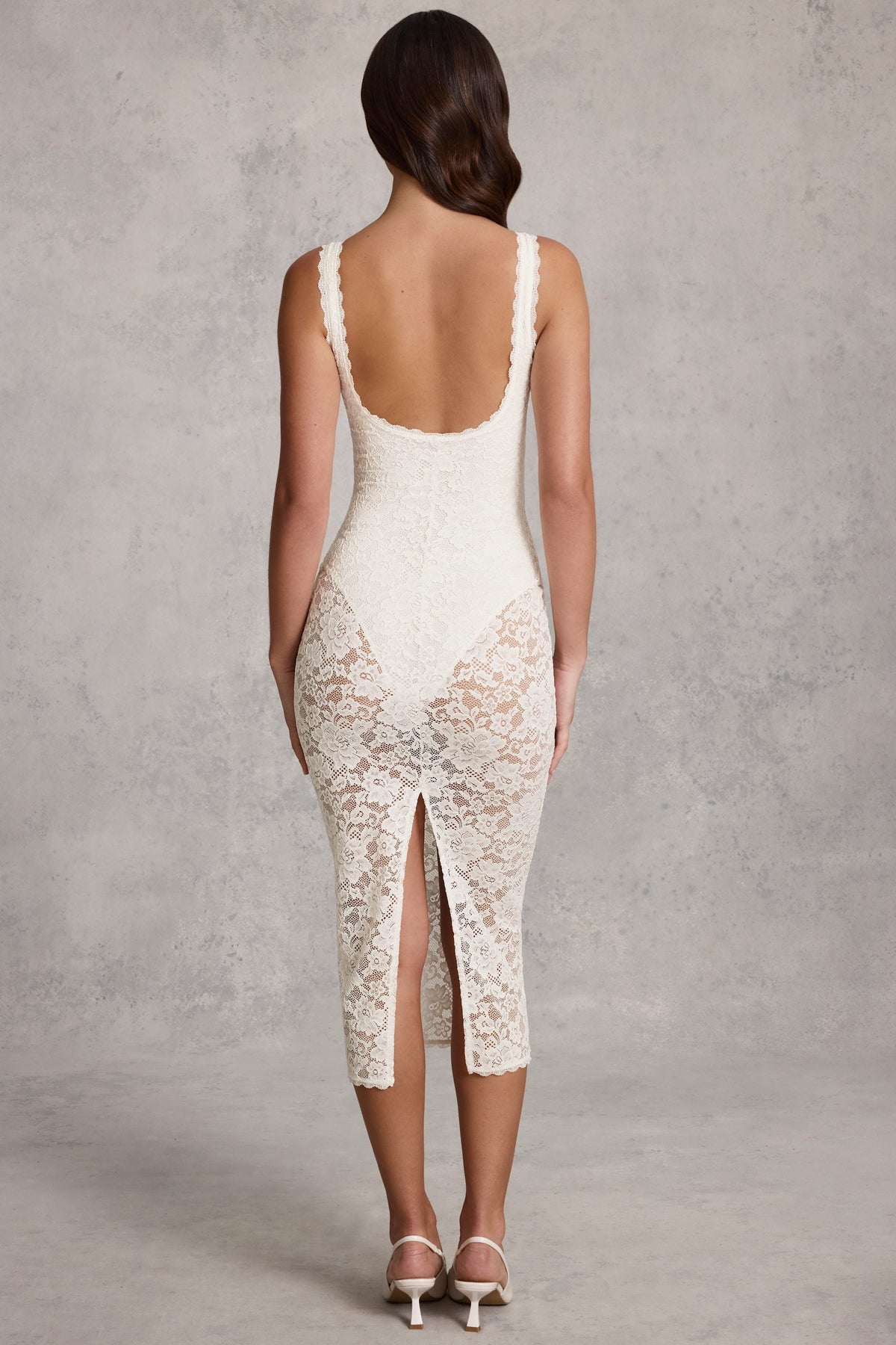Sheer Lace Scalloped Plunge Bodysuit Midaxi Dress in White