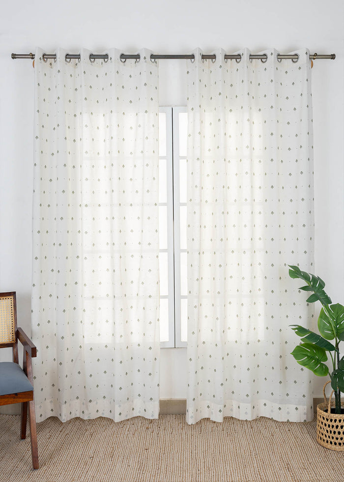 Cava Pepper Green Minimal 100% Cotton Sheer Printed Curtain For Livingroom / Bedroom | Light Filtering | Single Piece