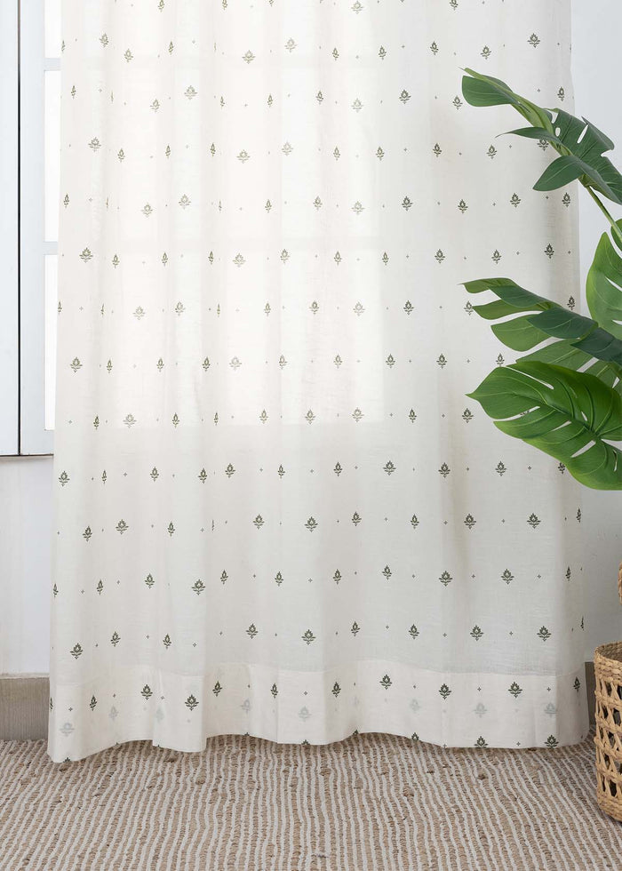 Cava Pepper Green Minimal 100% Cotton Sheer Printed Curtain For Livingroom / Bedroom | Light Filtering | Single Piece