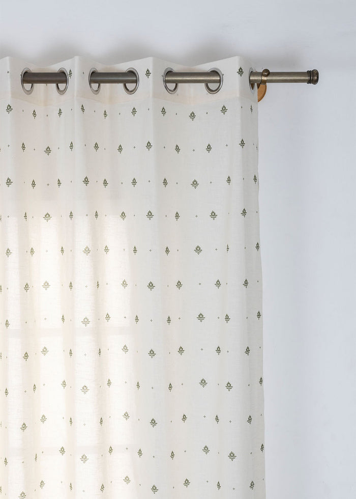 Cava Pepper Green Minimal 100% Cotton Sheer Printed Curtain For Livingroom / Bedroom | Light Filtering | Single Piece