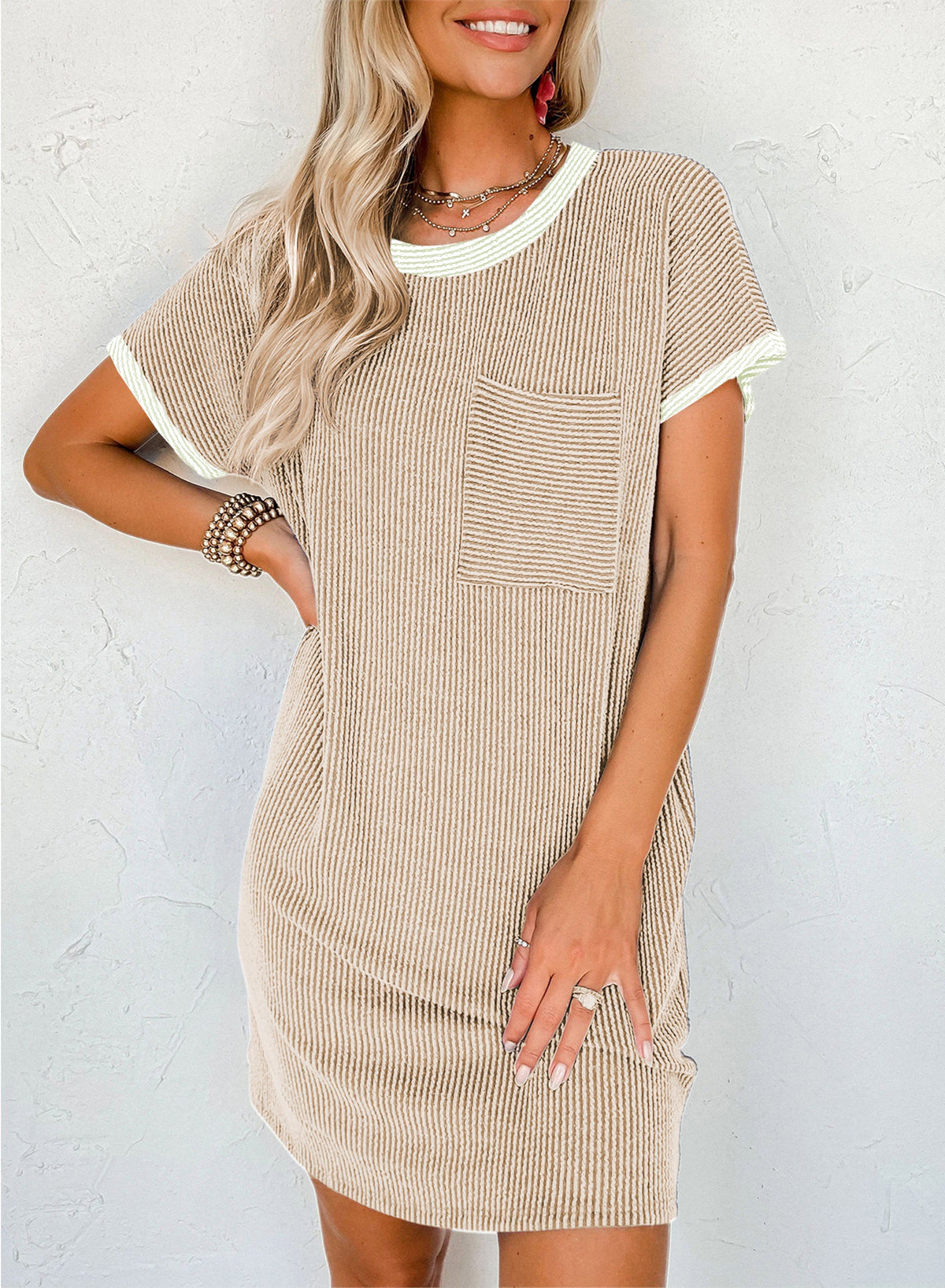 Twisted Ribbed Color Block Trim T Shirt Shift Dress