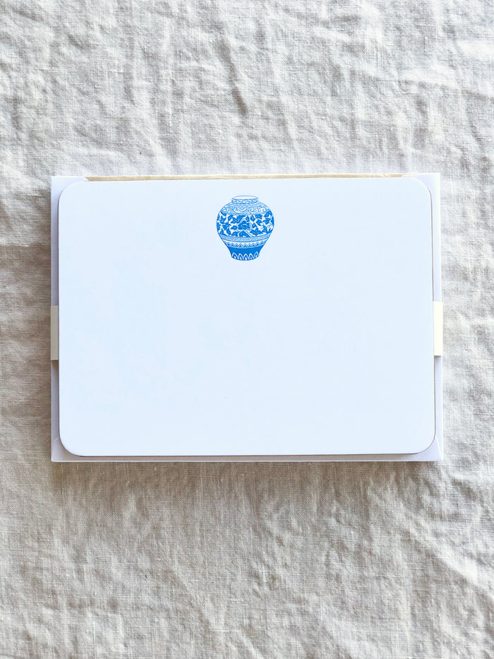 the printery chinois urn stationary white with blue urn on white table