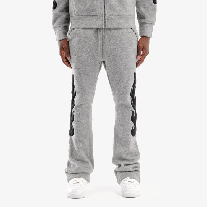 Gray Copper Rivet Saints Mohair Pearl Stacked Sweat Pants with ribbed cuffs and pearl details, relaxed fit for casual wear.