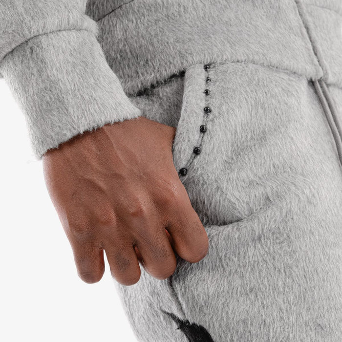 Gray Copper Rivet Saints Mohair Pearl Stacked Sweat Pants with ribbed cuffs and layered design, casual and stylish for everyday wear.