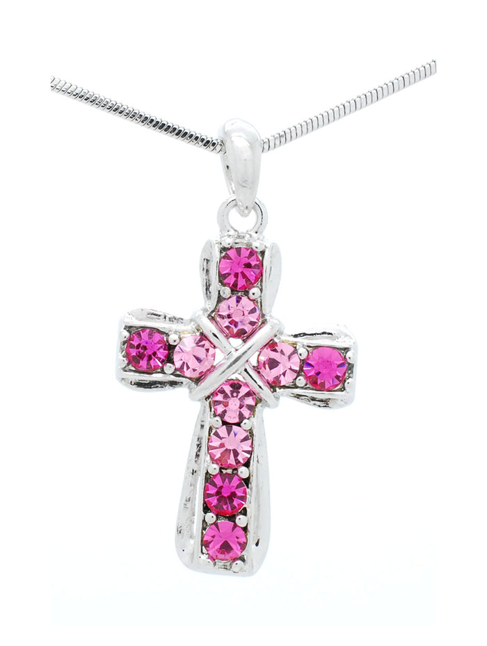 Crystal Cross Necklace - Small Cross Pendant with Rhinestones & Rhodium Plated Chain