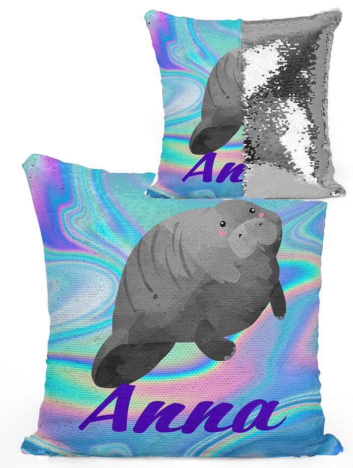Custom Personalized MANATEE Sequin Mermaid Flip Pillow