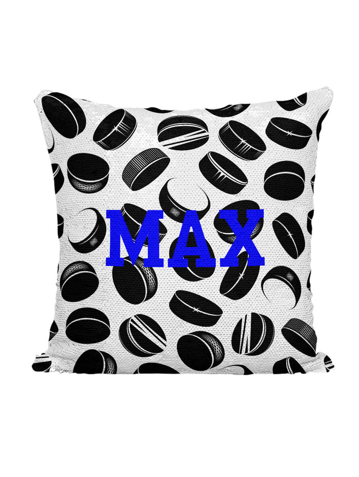 CUSTOM SEQUIN PILLOW - HOCKEY PUCKS with NAME