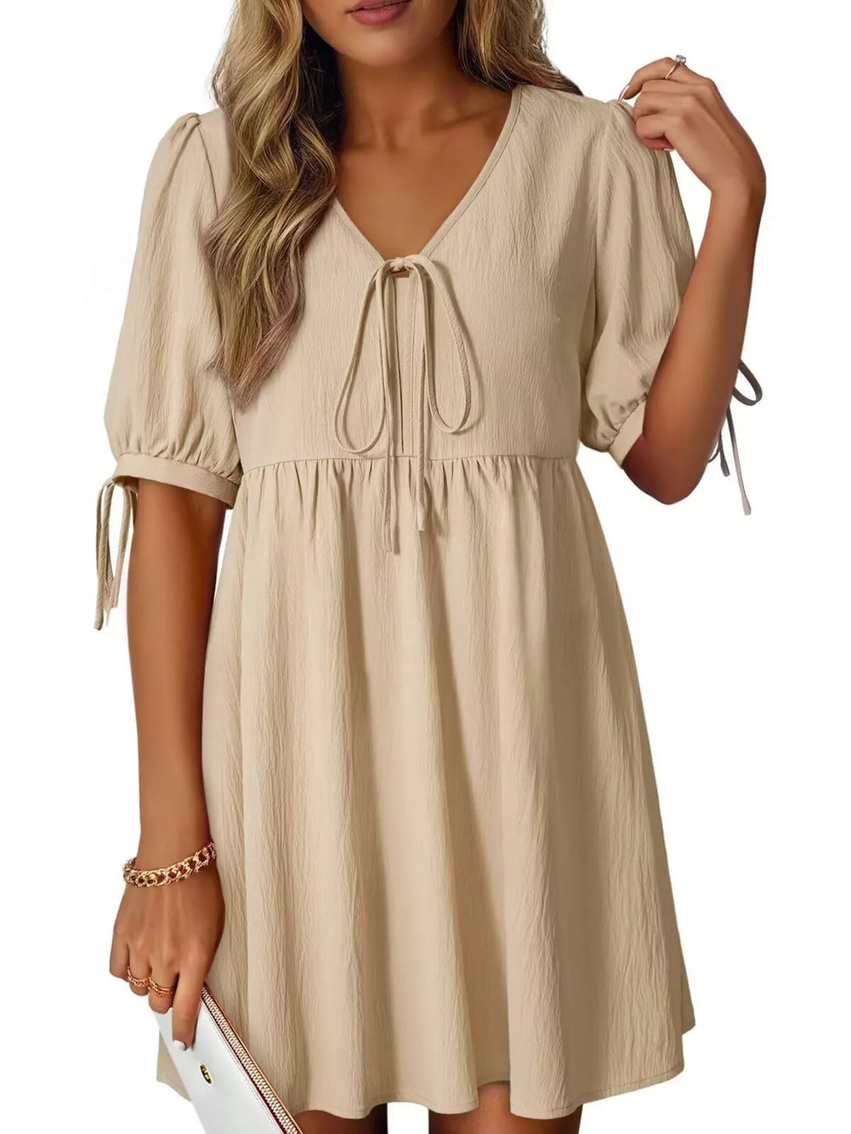 Tie-Neck Puff Sleeve A-Line Mini Dress