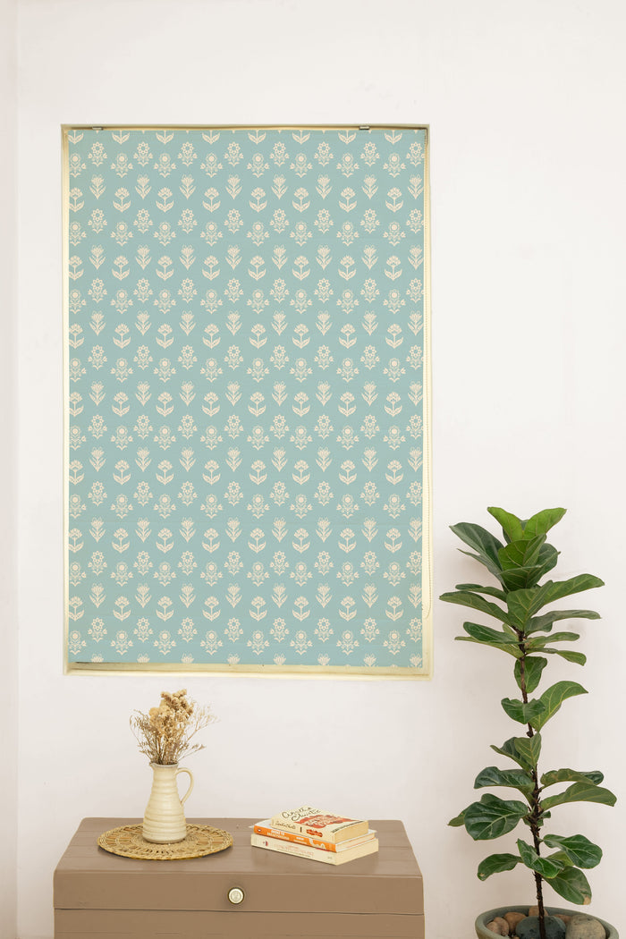Dahlia 100% Customizable Cotton floral Roman blind for living room - Room darkening - Nile Blue