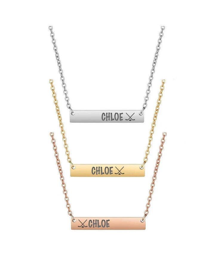 Engraved Bar Pendant - Custom Hockey Necklace With Stainless Steel Chain