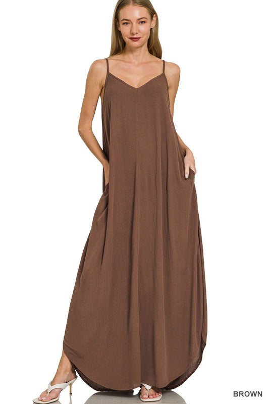 Zenana Woven Crinkle Cami Maxi Dress with Side Pockets