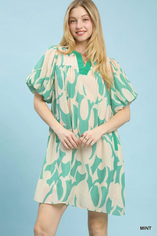 Umgee Abstract Print Puff Sleeve Shift Dress