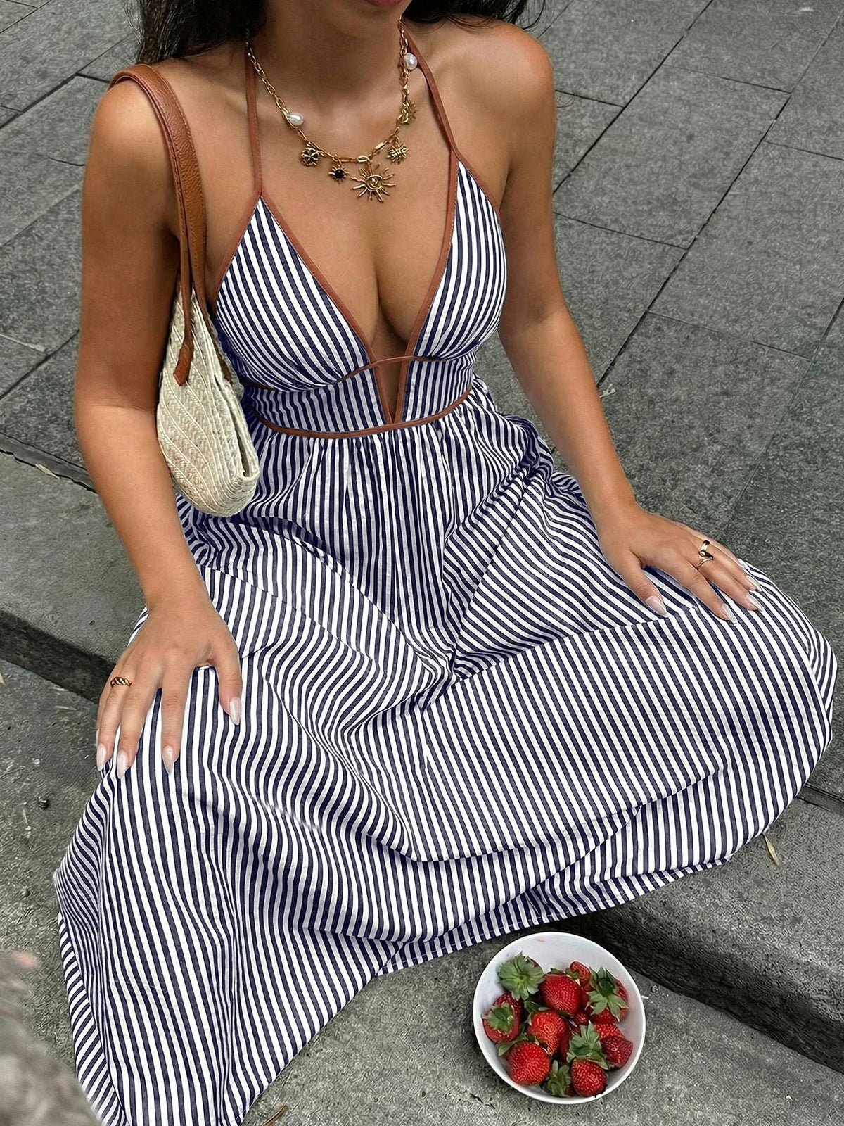 Striped Halter Neck Maxi Dress