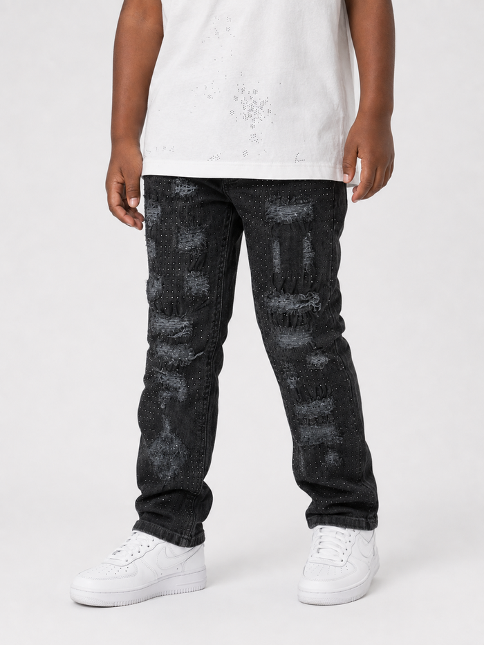 FWRD Kids Crystalized Denim in Jet Black, boys' and girls' stylish denim jeans with crystal accents, casual and comfortable fit