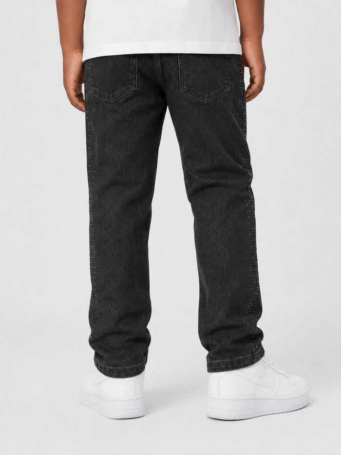FWRD Kids Crystalized denim jeans in jet black, stylish kids' denim pants with a textured crystalized design.