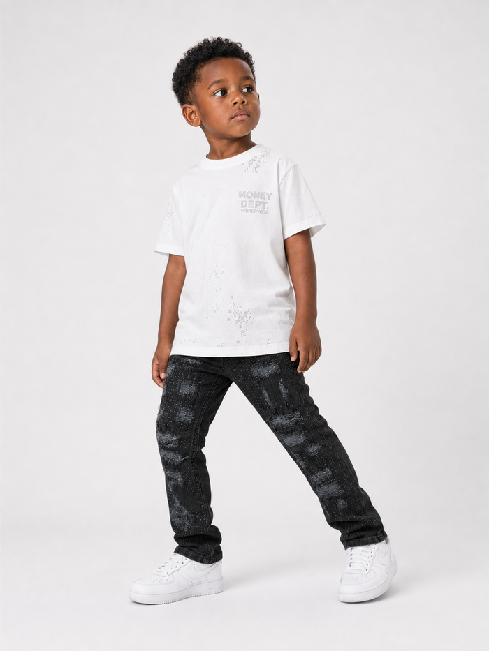 FWRD Kids Crystalized Denim in jet black, kids denim pants with a stylish, textured design by FWRD Kids.
