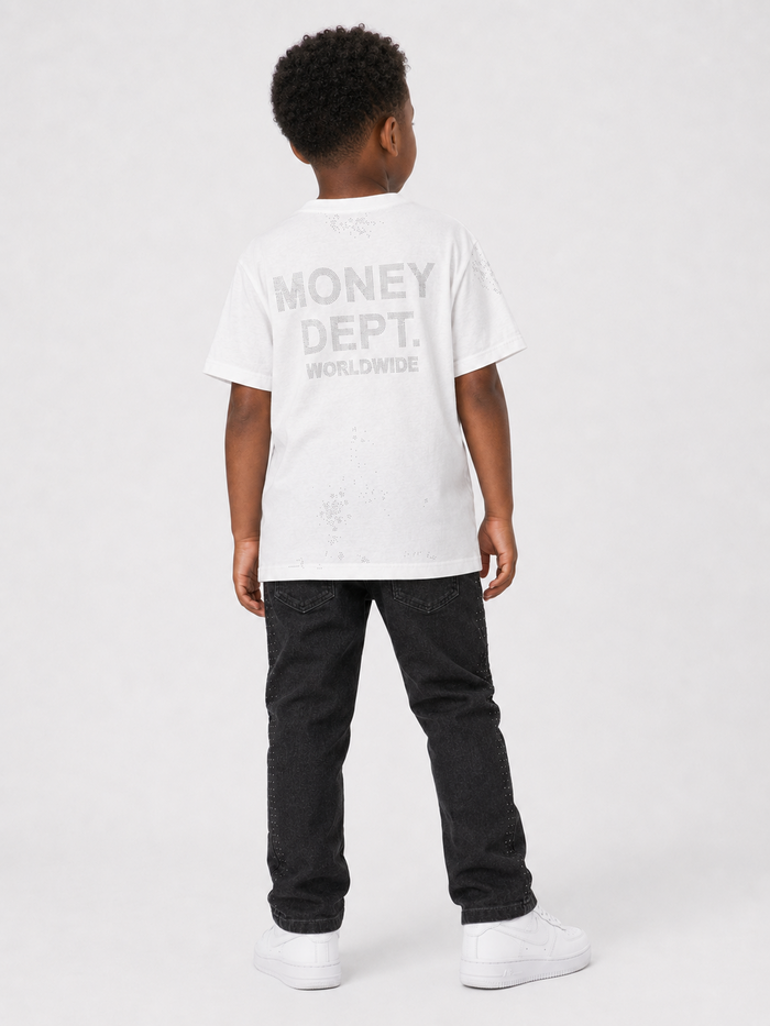 FWRD Kids Crystalized denim in jet black, stylish kids' denim jeans with a modern fit and textured detailing.