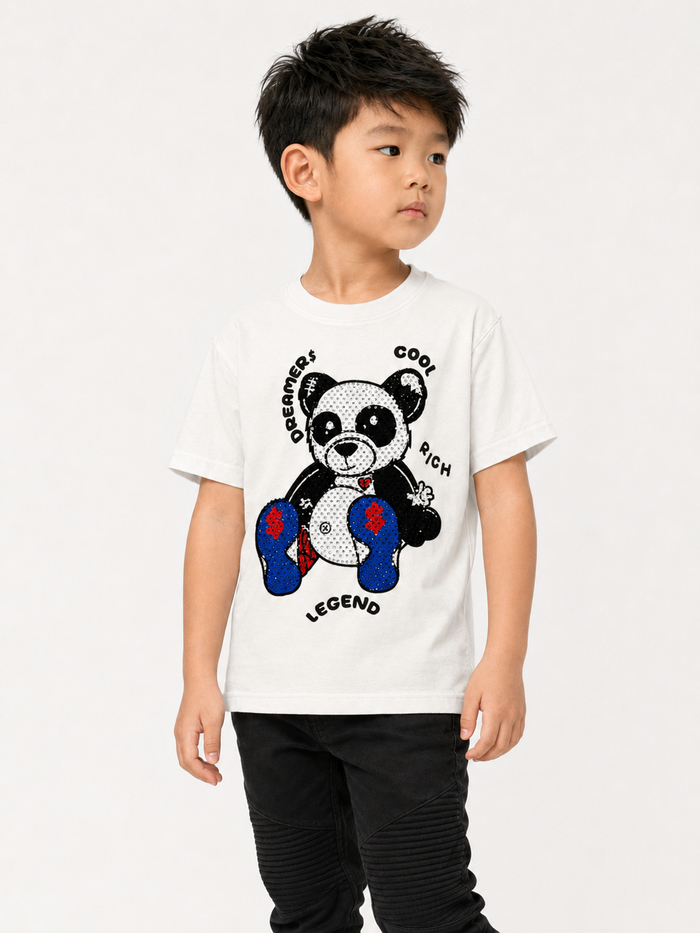 FWRD Kids Panda Rhinestone T-Shirt in white, featuring a panda graphic with rhinestones, casual kids' tee for boys and girls