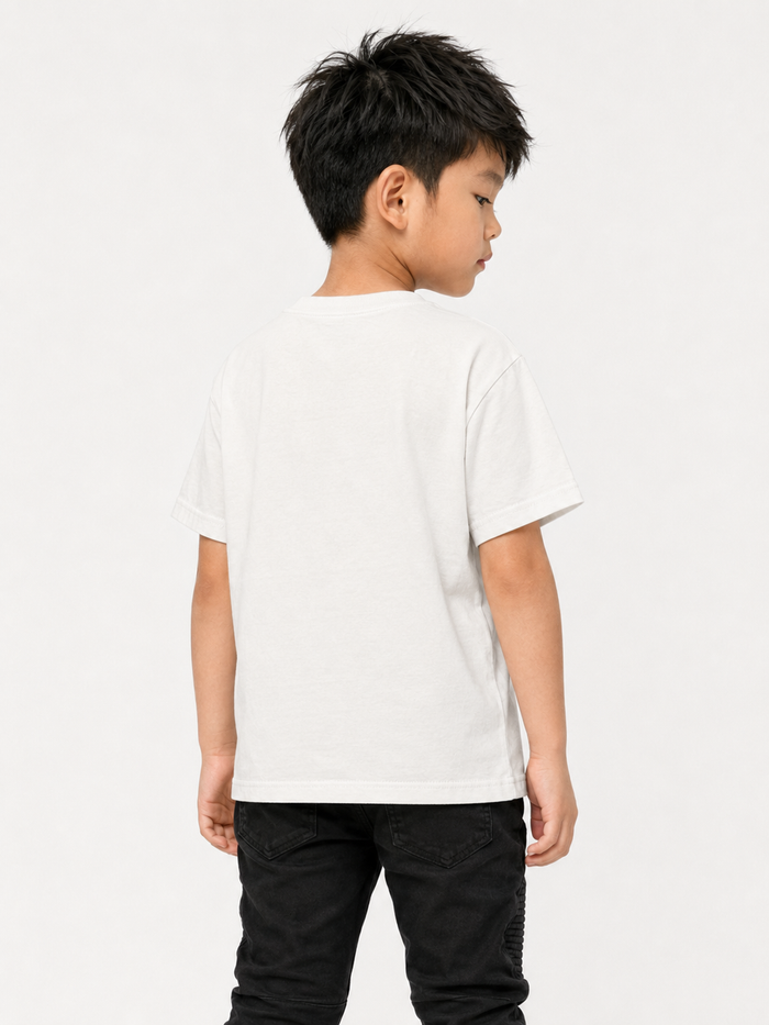 White FWRD Kids Panda Rhinestone T-Shirt featuring a panda graphic and rhinestone details, designed for kids.