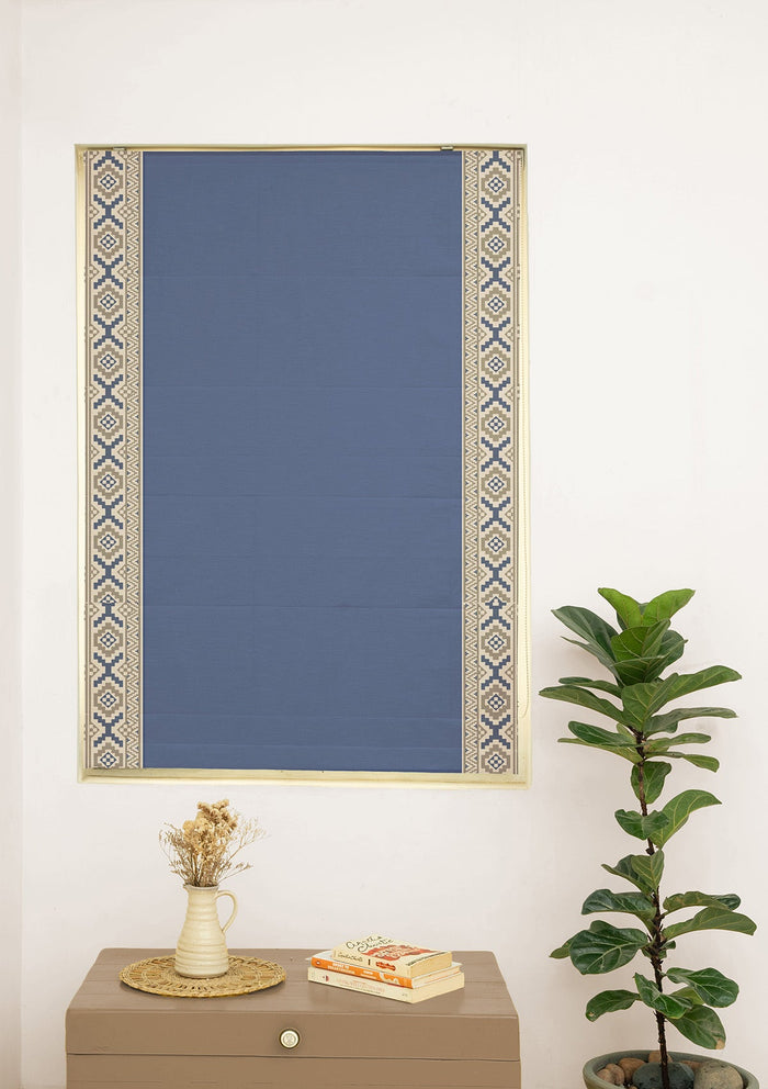 Glen Mist Blue Embroidered Trim 100% Cotton Blind For Bedroom | Room Darkening