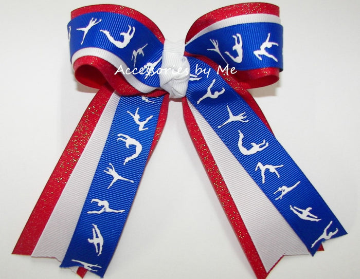 Gymnastics Royal Blue White Red Glitter Hair Bow