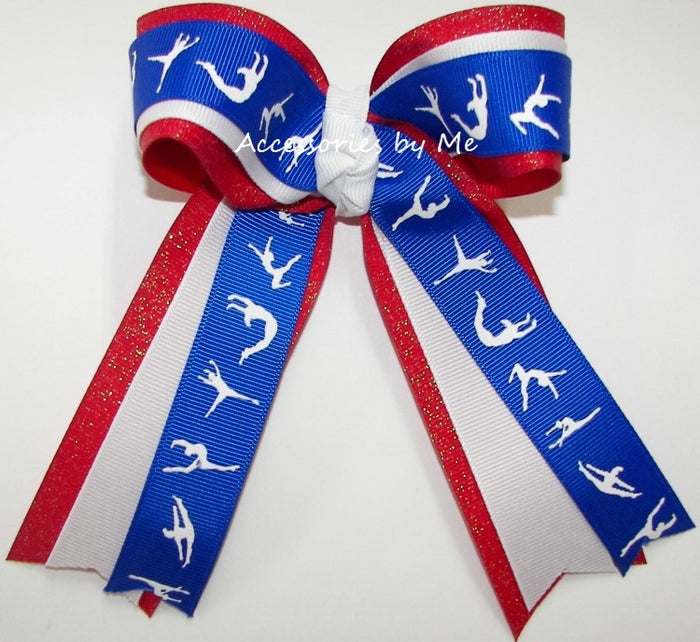 Gymnastics Royal Blue White Red Glitter Bow