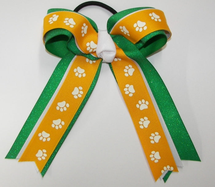 Sparkly Yellow Gold Paw Print White Emerald Green Ponytail Bow