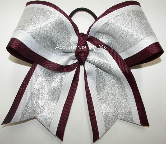 Glitter Silver White Maroon Cheer Bow