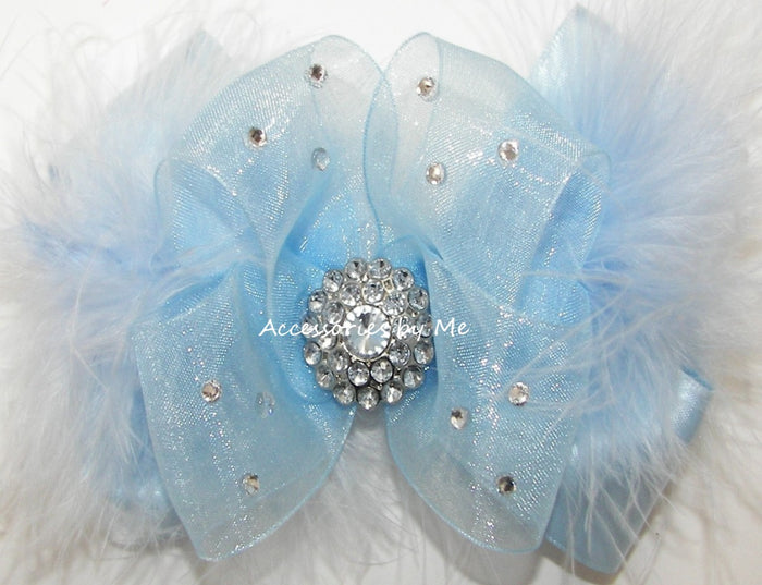 Glitzy Light Blue Organza Marabou Hair Bow