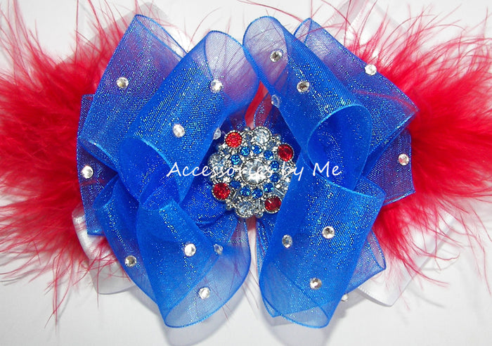 Pageant Glitzy Patriotic Red White Blue Marabou Hair Bow