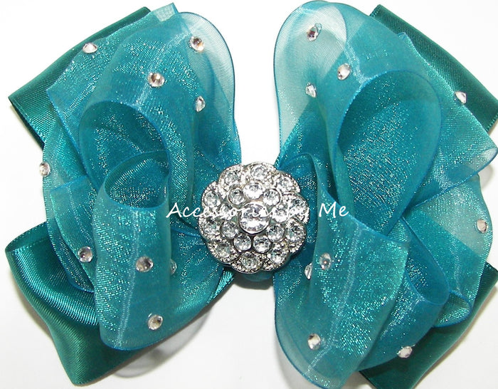Glitzy Teal Green organza Satin Hair Bow