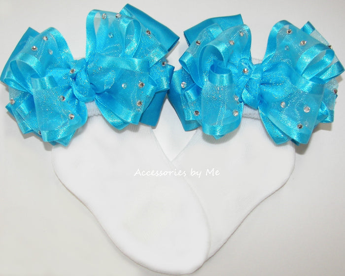 Glitzy Turquoise Blue Organza Satin Bow Socks
