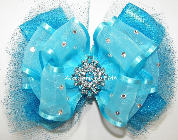 Glitzy Turquoise Blue Organza Tutu Hair Bow