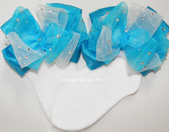 Glitzy Turquoise Blue White Organza Satin Bow Socks