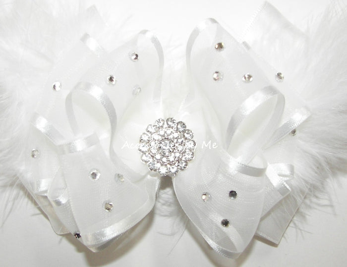 Glitzy White Organza Satin Marabou Feathers Hair Bow