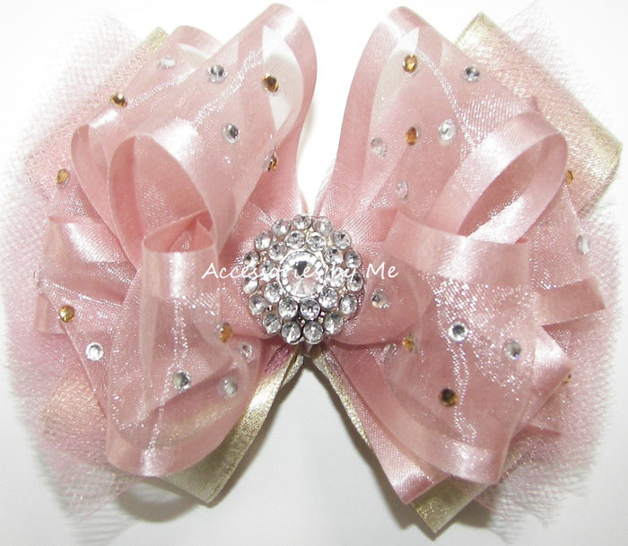 High Glitz Blue Pink Gold Tulle Hair Bow