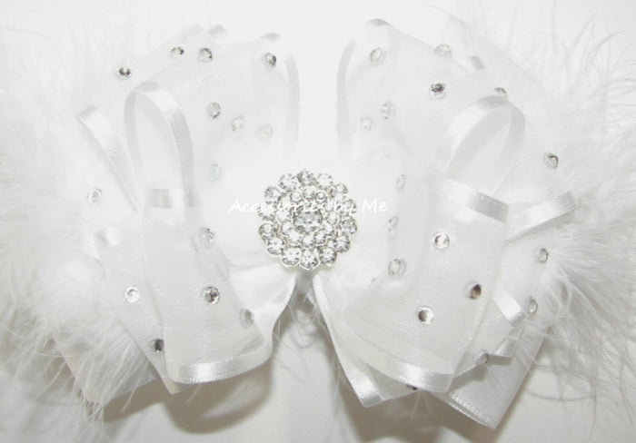 High Glitz White Organza Satin Marabou Hair Bow